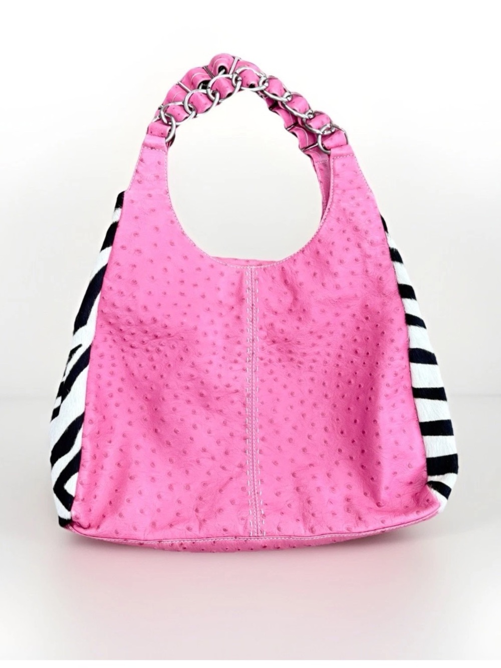 Adrienne Vittadini Pink Ostrich Leather Zebra Haircalf Hobo Bag NWT